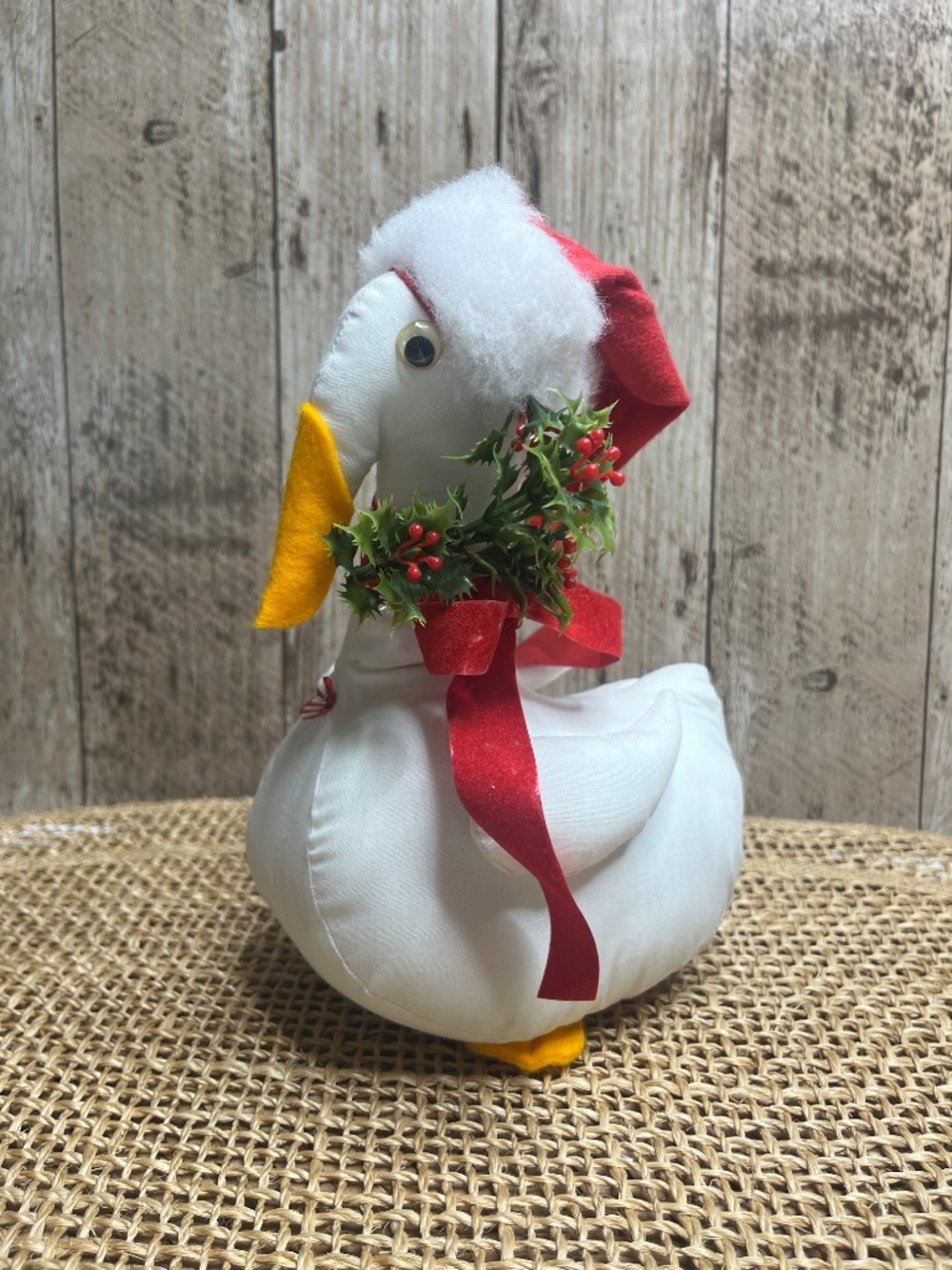 Vintage Christmas Goose Duck Fabric Plush Holiday Decor w/ Santa Hat & Wreath 8” - Picture 5 of 5